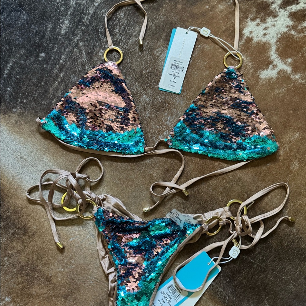 Beach Bunny Sequin Bikini Set in Teal and Pink “Siren Song” style